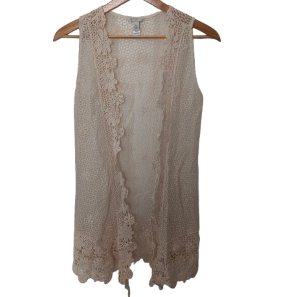 Crochet Sleeveless Duster Vest XS Cream Floral Festival Open Knit Boho Hippie